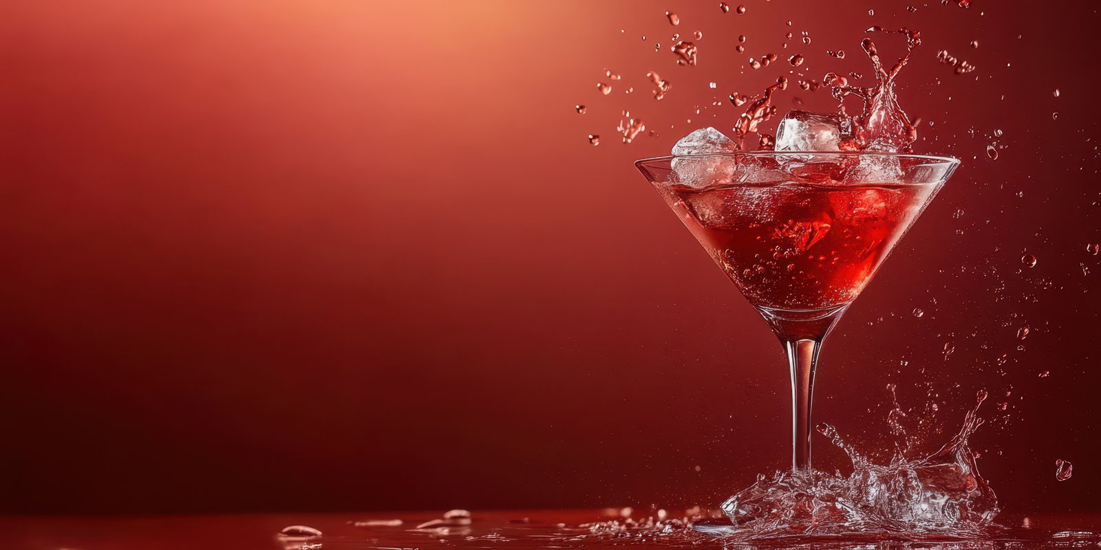 Refreshing cocktail splashes with ice in a glass against a vibrant red background during a lively evening gathering
